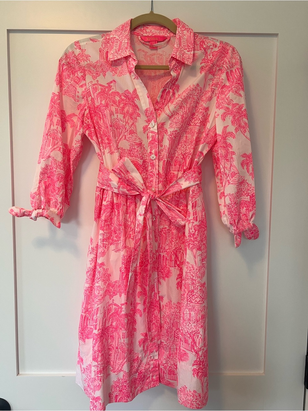 Lilly Pulitzer Pink Toile-Print Tie-Waist Long Sleeve Shirt Dress